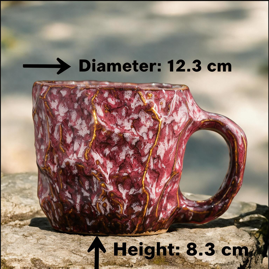 Artisanal Handcrafted Ceramic Coffee Mug – 9 oz Rustic Pink & Red Reactive Glaze Stoneware Cup with Sculpted Rock Texture – Unique Pottery Tea Cup for Home & Office