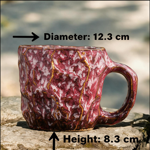 Artisanal Handcrafted Ceramic Coffee Mug – 9 oz Rustic Pink & Red Reactive Glaze Stoneware Cup with Sculpted Rock Texture – Unique Pottery Tea Cup for Home & Office