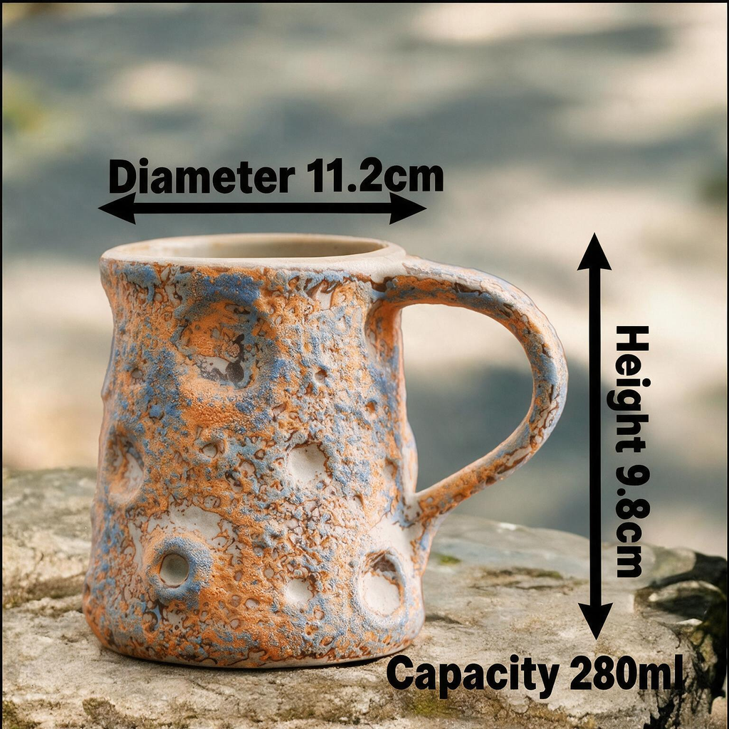 Artisanal Handcrafted Ceramic Coffee Mug – 9.5 oz Rustic Orange & Blue Reactive Glaze Stoneware Cup with Crater Texture – Unique Lunar Pottery Tea Cup for Home & Office