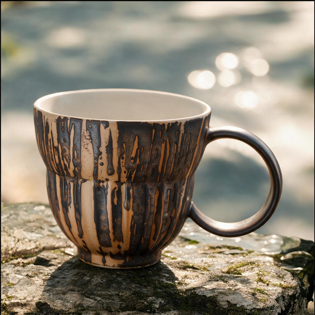 Artisanal Handcrafted Ceramic Coffee Mug – 6.5 oz Rustic Brown & Beige Vertical Drip Glaze Stoneware Cup with Ribbed Texture & Ring Handle – Unique Pottery Tea Cup for Home & Office