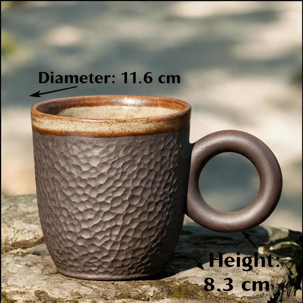 Artisanal Handcrafted Ceramic Coffee Mug – 8 oz Rustic Dark Brown Stoneware Cup with Hammered Texture & Ring Handle – Unique Pottery Tea Cup for Home & Office