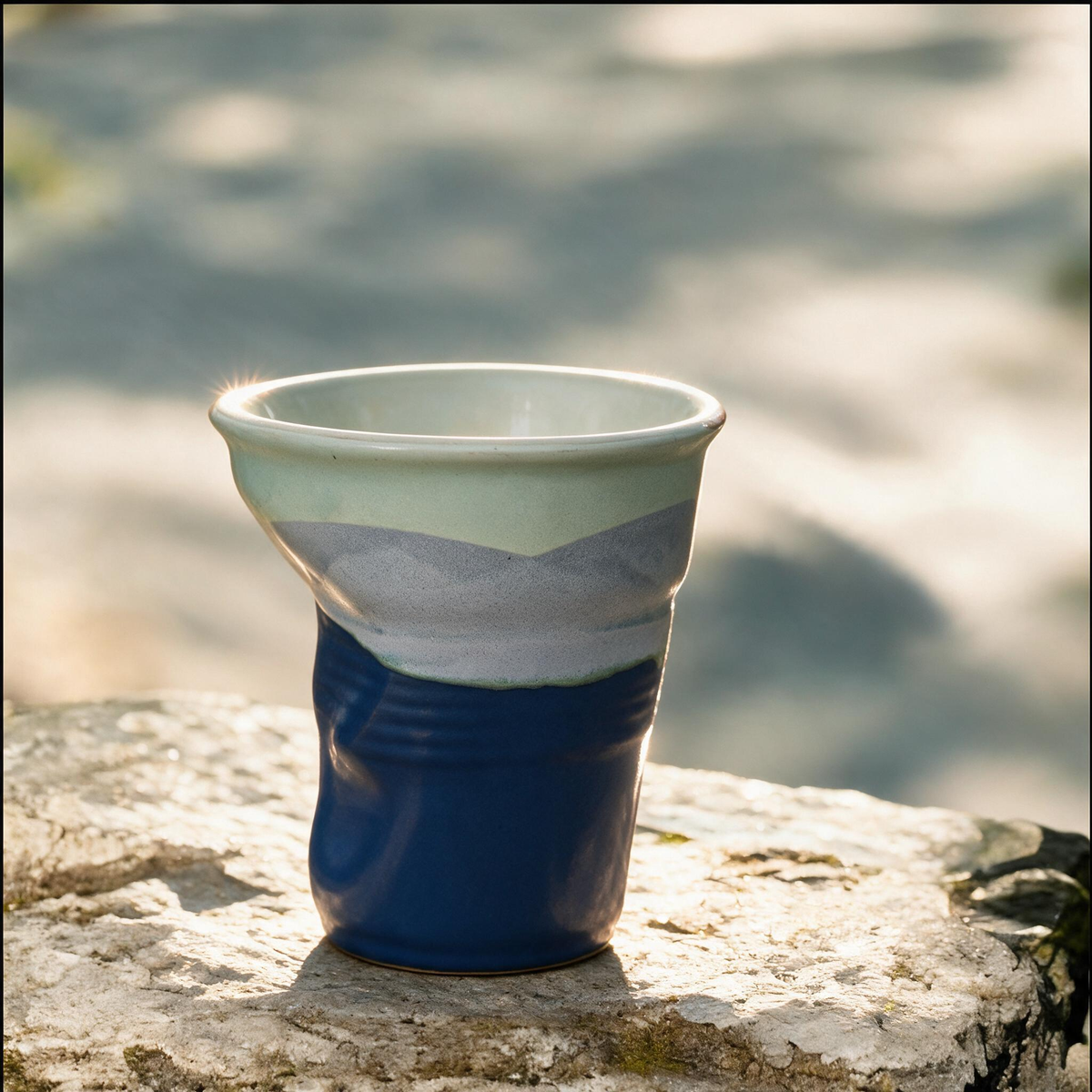 Artisanal Handcrafted Ceramic Coffee Cup – 11 oz Gradient Blue Landscape Stoneware Tumbler with Origami Fold Texture – Unique Pottery Tea Cup for Home & Office