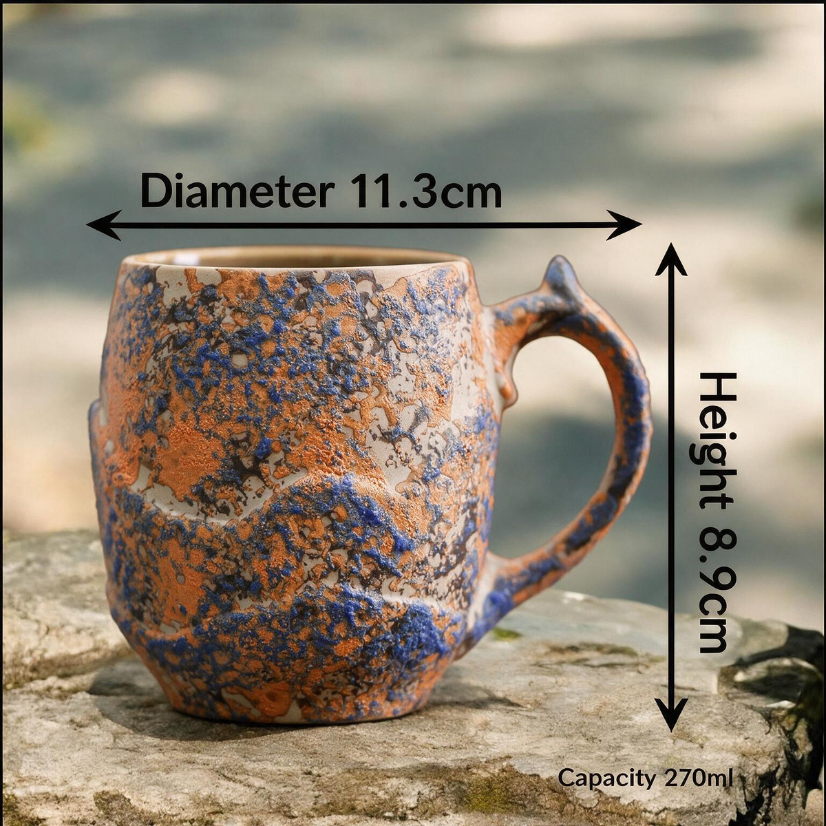 Artisanal Handcrafted Ceramic Coffee Mug – 9 oz Rustic Blue & Orange Reactive Glaze Stoneware Cup with Sculpted Mountain Texture – Unique Pottery Tea Cup for Home & Office