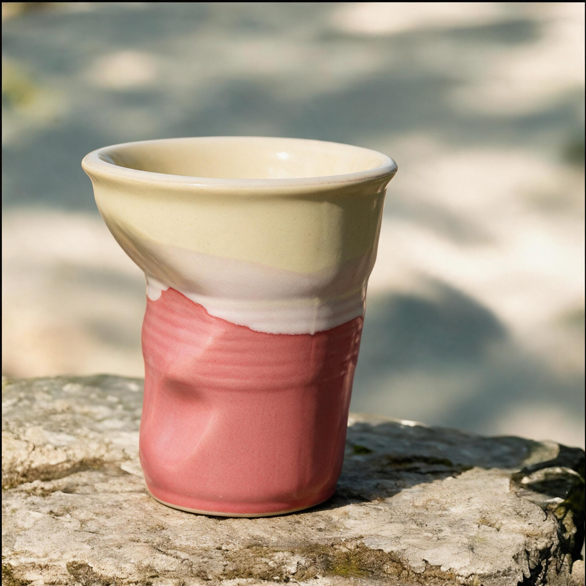 Artisanal Handcrafted Ceramic Coffee Cup – 11 oz Pink & Cream Landscape Stoneware Tumbler with Origami Fold Texture – Unique Pottery Tea Cup for Home & Office