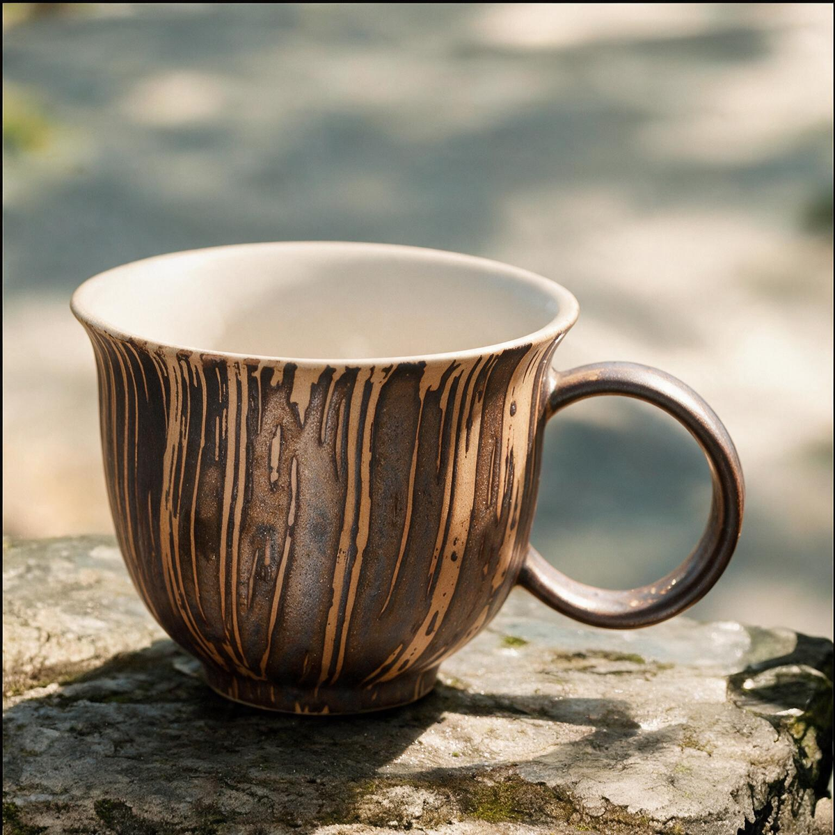 Artisanal Handcrafted Ceramic Coffee Mug – 9.5 oz Rustic Brown & Beige Vertical Drip Glaze Stoneware Cup with Ring Handle – Unique Pottery Tea Cup for Home & Office