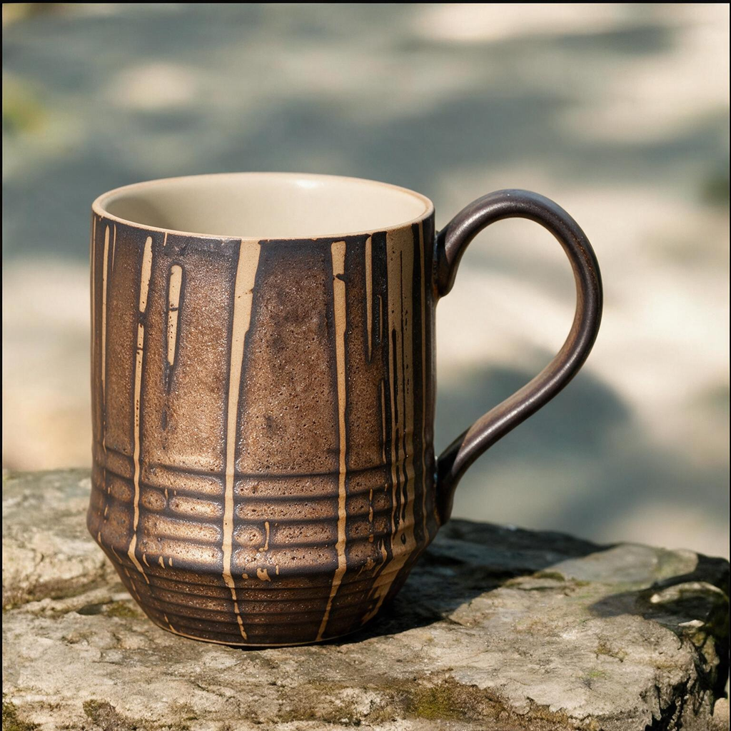 Artisanal Handcrafted Ceramic Coffee Mug – 8 oz Rustic Brown & Beige Vertical Drip Glaze Stoneware Cup with Woven Texture – Unique Pottery Tea Cup for Home & Office