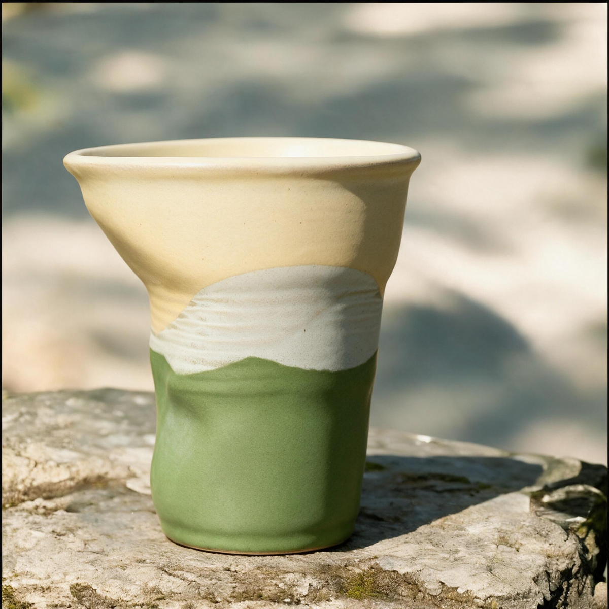 Artisanal Handcrafted Ceramic Coffee Cup – 11 oz Green & Yellow Landscape Stoneware Tumbler with Origami Fold Texture – Unique Pottery Tea Cup for Home & Office