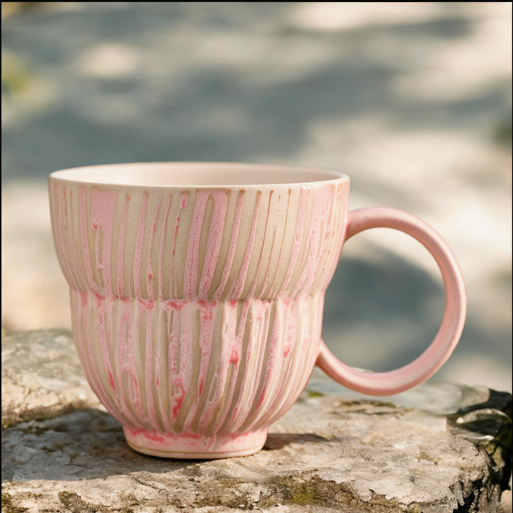 Artisanal Handcrafted Ceramic Coffee Mug – 6.5 oz Rustic Pink & Beige Vertical Drip Glaze Stoneware Cup with Ribbed Texture & Ring Handle – Unique Pottery Tea Cup for Home & Office
