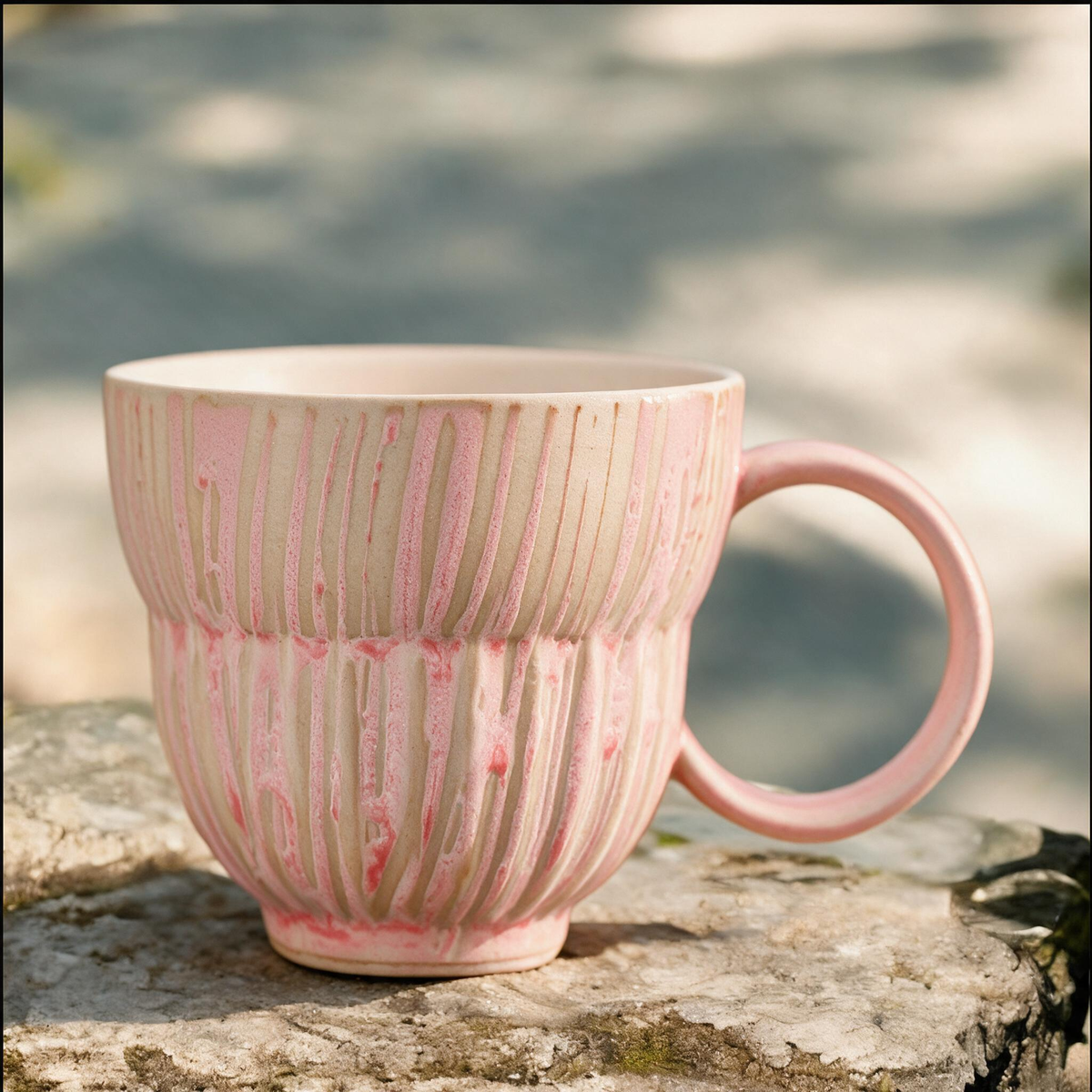 Artisanal Handcrafted Ceramic Coffee Mug – 6.5 oz Rustic Pink & Beige Vertical Drip Glaze Stoneware Cup with Ribbed Texture & Ring Handle – Unique Pottery Tea Cup for Home & Office