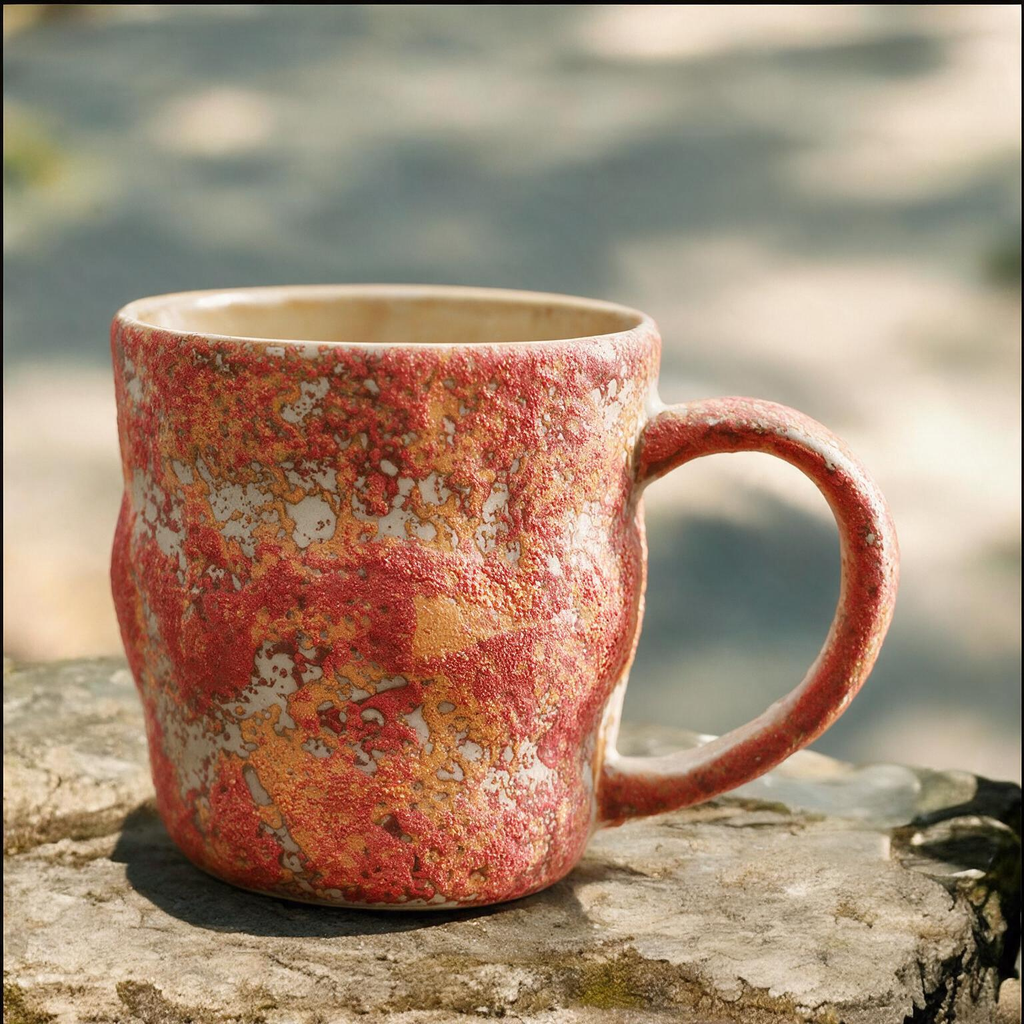 Artisanal Handcrafted Ceramic Coffee Mug – 10.5 oz Rustic Red & Orange Reactive Glaze Stoneware Cup with Handle – Unique Wabi-Sabi Pottery Tea Cup for Home & Office