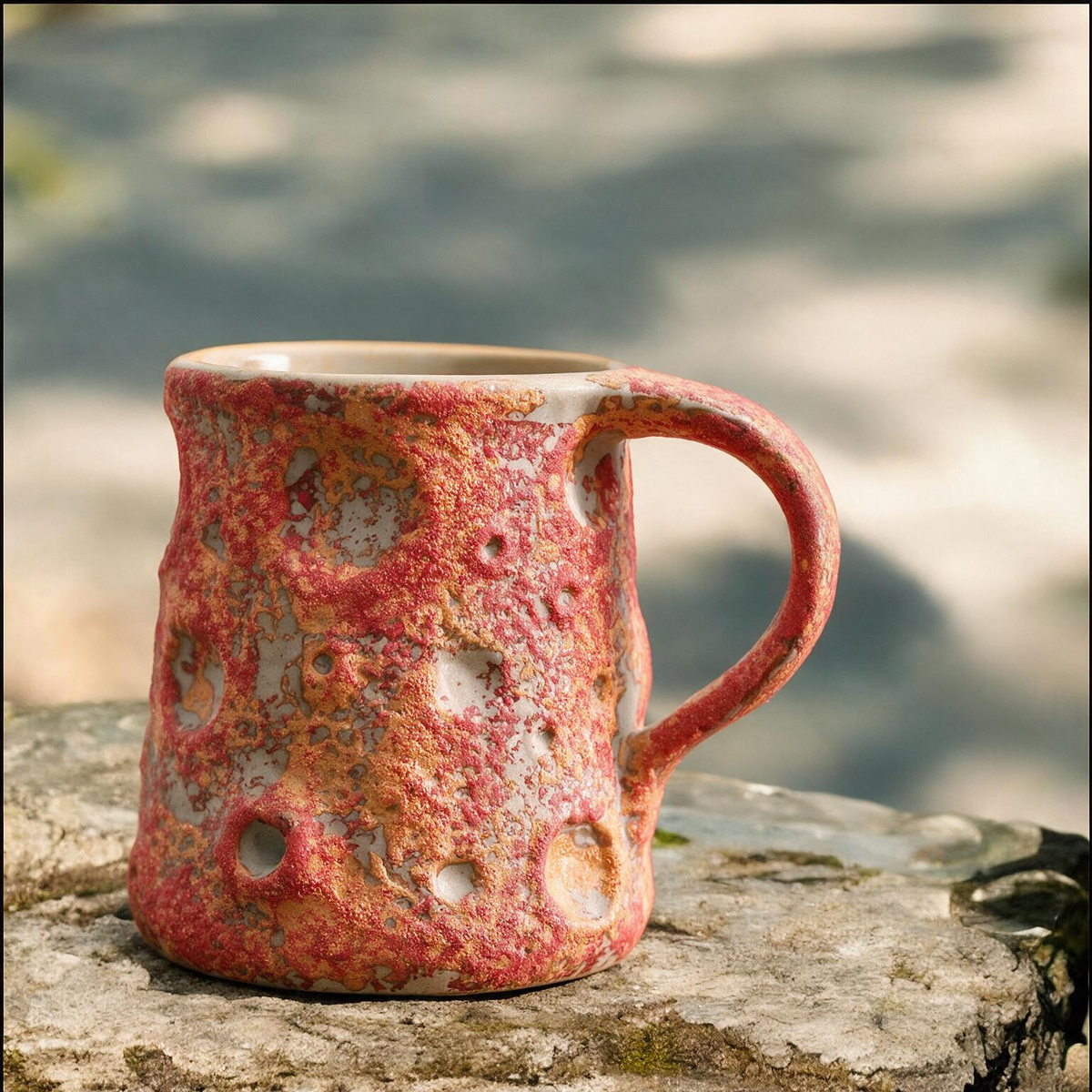 Artisanal Handcrafted Ceramic Coffee Mug – 9.5 oz Rustic Red & Orange Reactive Glaze Stoneware Cup with Crater Texture – Unique Lunar Pottery Tea Cup for Home & Office
