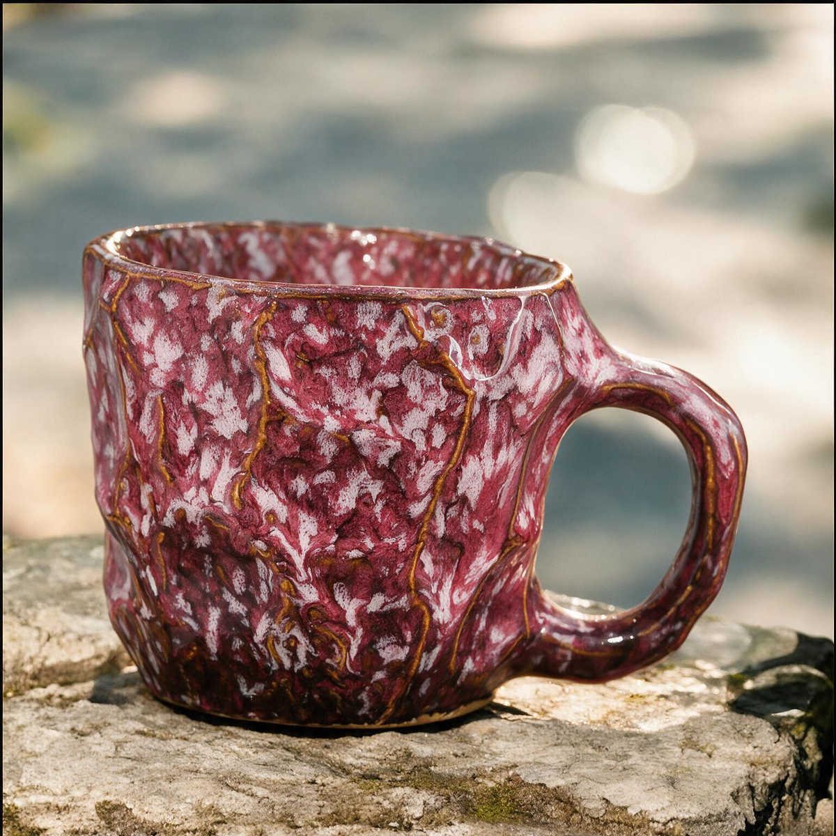 Artisanal Handcrafted Ceramic Coffee Mug – 9 oz Rustic Pink & Red Reactive Glaze Stoneware Cup with Sculpted Rock Texture – Unique Pottery Tea Cup for Home & Office