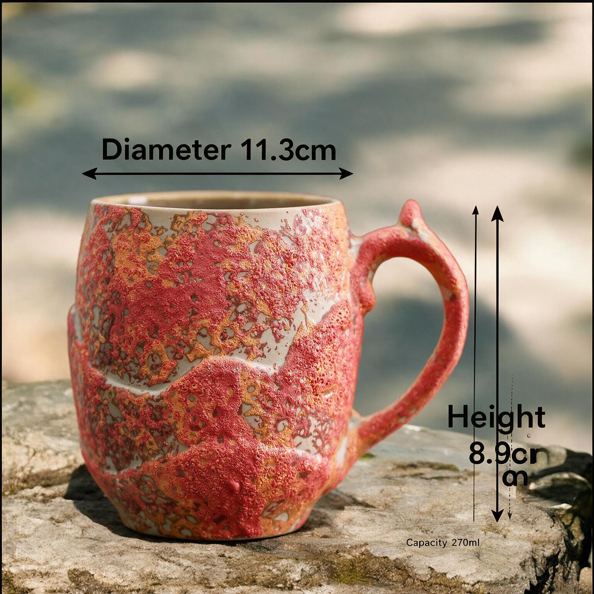 Artisanal Handcrafted Ceramic Coffee Mug – 9 oz Rustic Red & Orange Reactive Glaze Stoneware Cup with Sculpted Mountain Texture – Unique Pottery Tea Cup for Home & Office