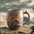 Artisanal Handcrafted Ceramic Coffee Mug – 9 oz Rustic Blue & Orange Reactive Glaze Stoneware Cup with Sculpted Mountain Texture – Unique Pottery Tea Cup for Home & Office