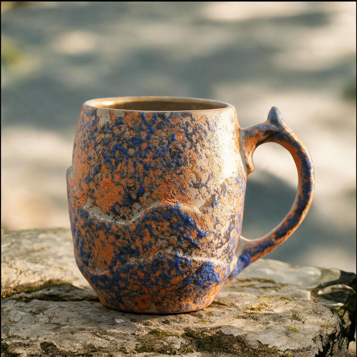 Artisanal Handcrafted Ceramic Coffee Mug – 9 oz Rustic Blue & Orange Reactive Glaze Stoneware Cup with Sculpted Mountain Texture – Unique Pottery Tea Cup for Home & Office