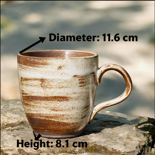 Artisanal Handcrafted Ceramic Coffee Mug – 8 oz Japanese Vintage Style Stoneware Cup with Rustic Beige & Brown Brushstroke Glaze – Unique Pottery Tea Cup for Home & Office