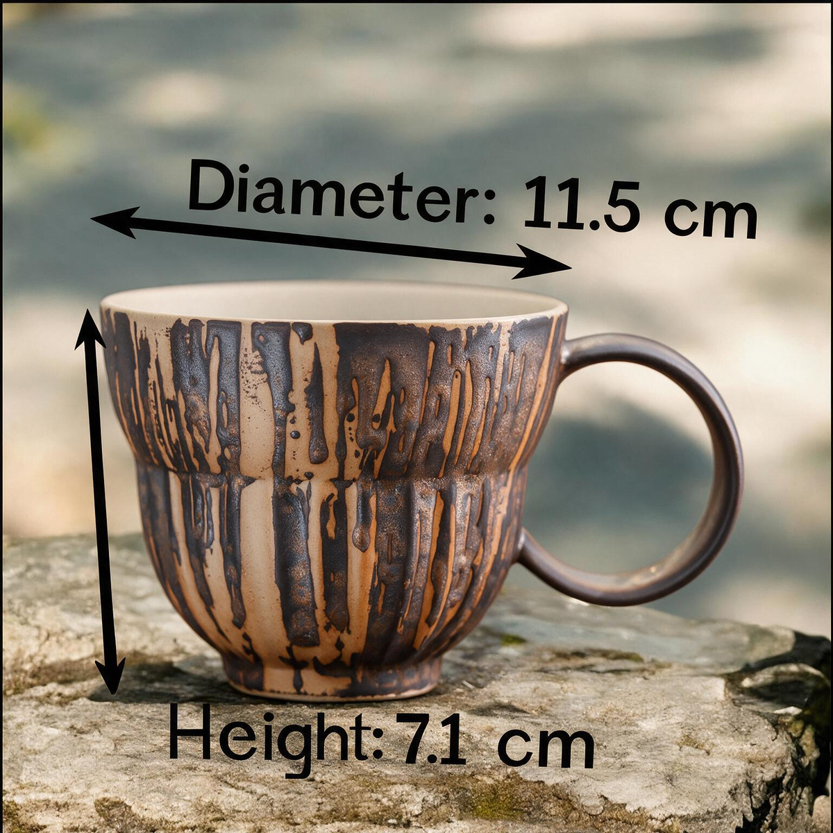 Artisanal Handcrafted Ceramic Coffee Mug – 6.5 oz Rustic Brown & Beige Vertical Drip Glaze Stoneware Cup with Ribbed Texture & Ring Handle – Unique Pottery Tea Cup for Home & Office