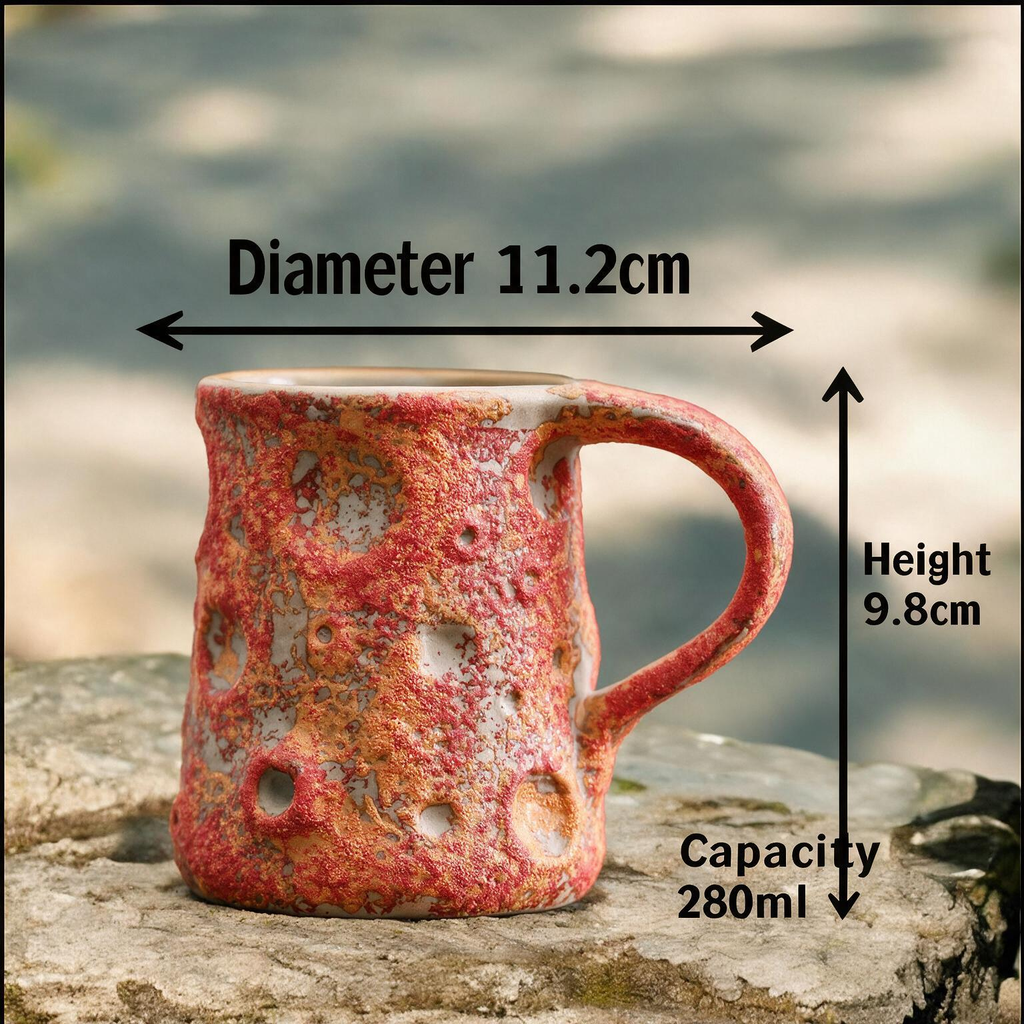 Artisanal Handcrafted Ceramic Coffee Mug – 9.5 oz Rustic Red & Orange Reactive Glaze Stoneware Cup with Crater Texture – Unique Lunar Pottery Tea Cup for Home & Office