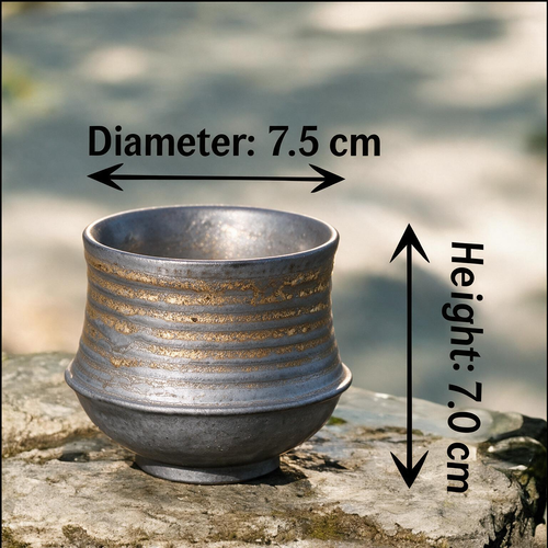 Artisanal Handcrafted Ceramic Coffee Cup – 7.5 oz Rustic Grey & Gold Stoneware Tumbler with Ribbed Texture – Unique Pottery Tea Cup for Home & Office