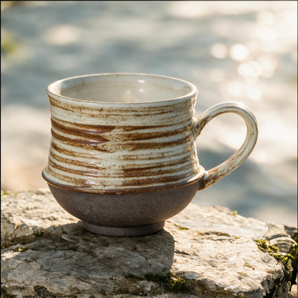 Artisanal Handcrafted Ceramic Coffee Mug – 7.5 oz Rustic Two-Tone Stoneware Cup with Ribbed Texture & Speckled Glaze – Unique Pottery Tea Cup for Home & Office