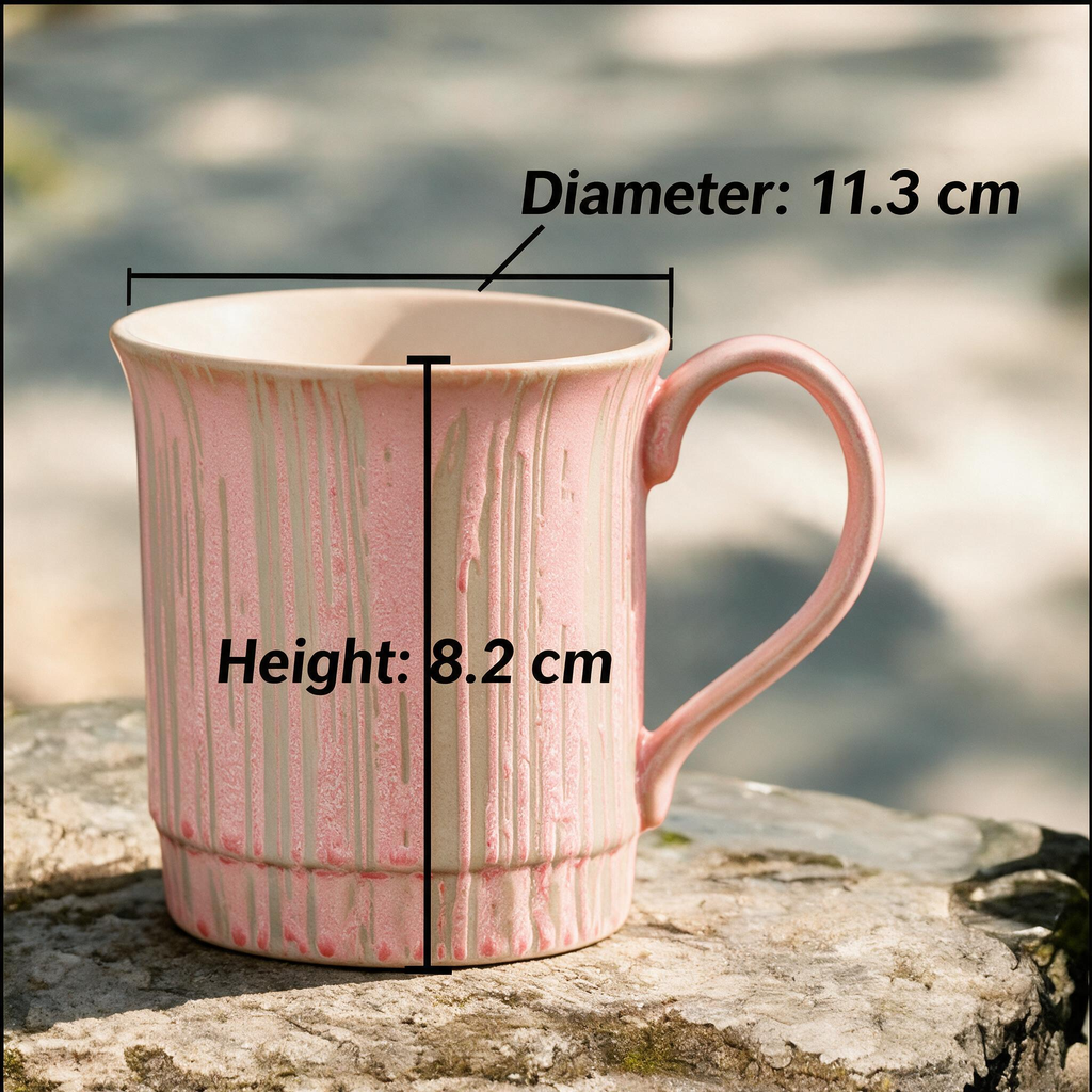 Artisanal Handcrafted Ceramic Coffee Mug – 9 oz Rustic Pink & Cream Vertical Drip Glaze Stoneware Cup with Ribbed Base – Unique Pottery Tea Cup for Home & Office