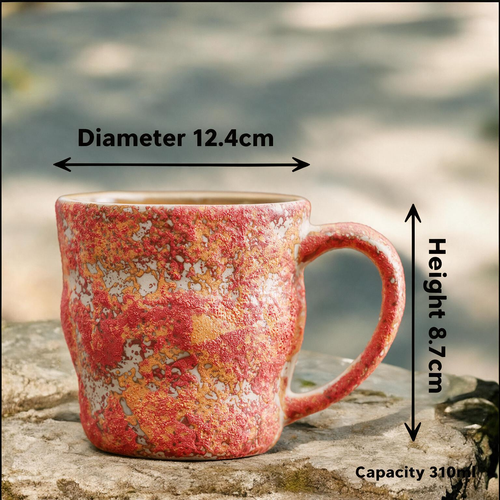 Artisanal Handcrafted Ceramic Coffee Mug – 10.5 oz Rustic Red & Orange Reactive Glaze Stoneware Cup with Handle – Unique Wabi-Sabi Pottery Tea Cup for Home & Office