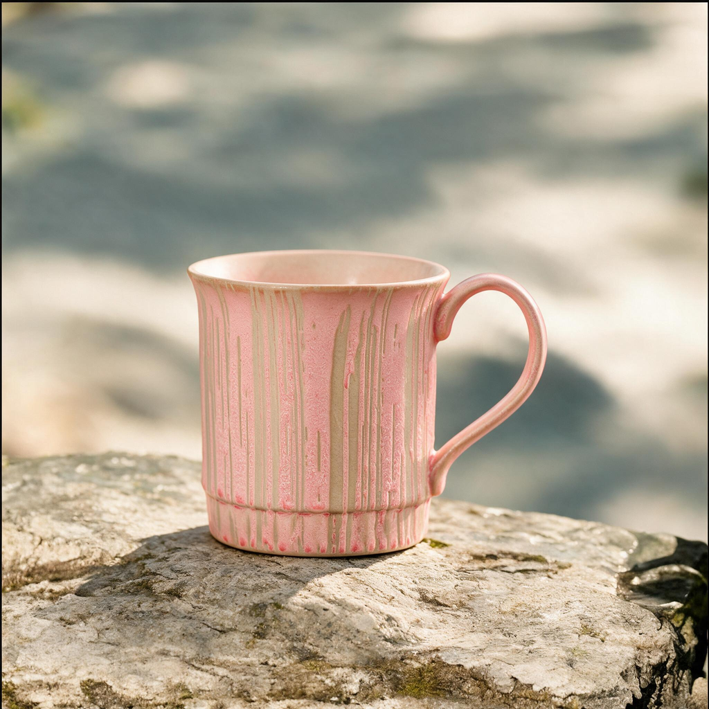 Artisanal Handcrafted Ceramic Coffee Mug – 9 oz Rustic Pink & Cream Vertical Drip Glaze Stoneware Cup with Ribbed Base – Unique Pottery Tea Cup for Home & Office
