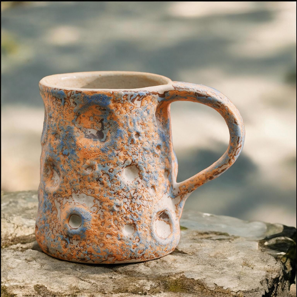 Artisanal Handcrafted Ceramic Coffee Mug – 9.5 oz Rustic Orange & Blue Reactive Glaze Stoneware Cup with Crater Texture – Unique Lunar Pottery Tea Cup for Home & Office