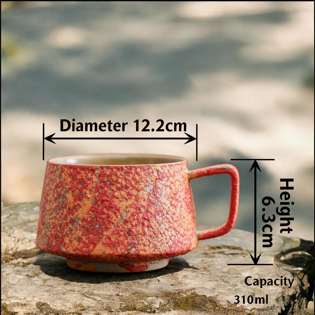 Artisanal Handcrafted Ceramic Coffee Mug – 10.5 oz Rustic Red & Orange Reactive Glaze Stoneware Cup with Handle – Unique Pottery Tea Cup for Home & Office