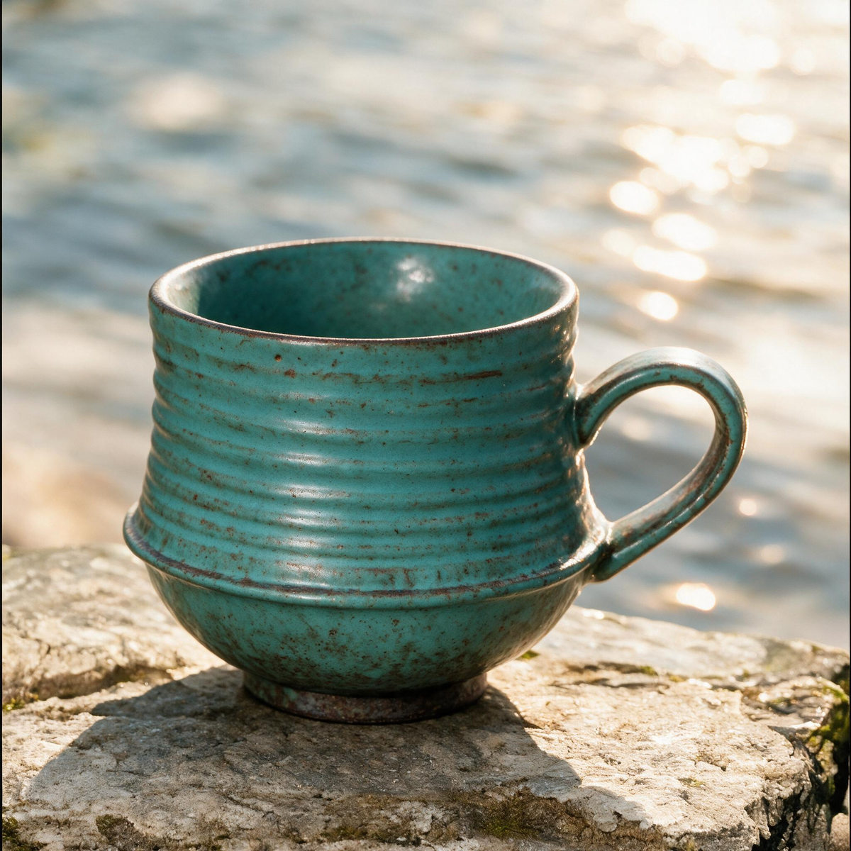 Artisanal Handcrafted Ceramic Coffee Mug – 7.5 oz Rustic Turquoise Blue Stoneware Cup with Ribbed Texture & Speckled Glaze – Unique Pottery Tea Cup for Home & Office