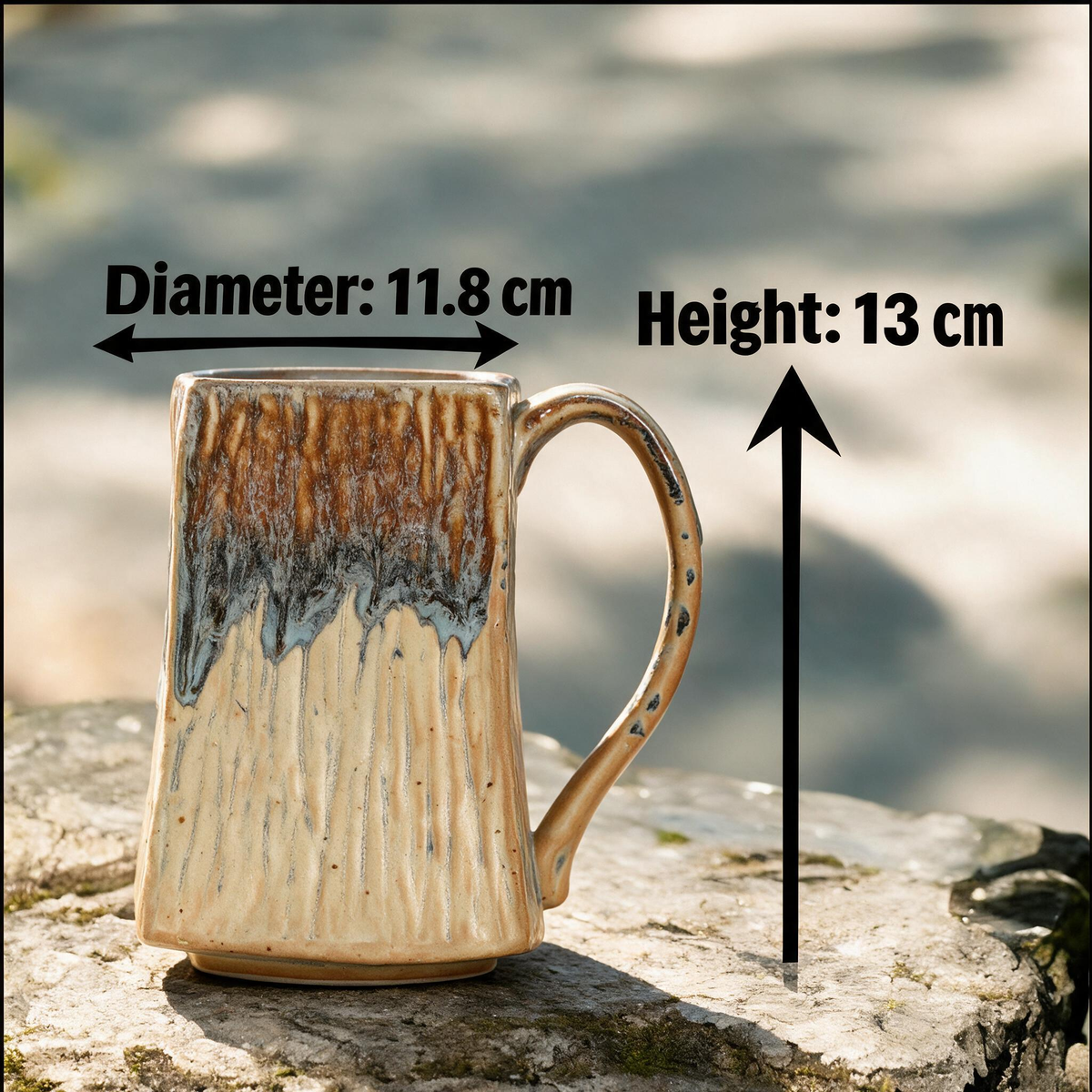 Artisanal Handcrafted Ceramic Coffee Mug – 17 oz Rustic Yellow Drip Glaze Stoneware Cup with Vertical Texture – Large Square Pottery Tea Cup for Home & Office