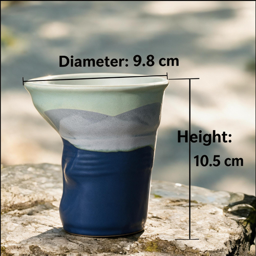 Artisanal Handcrafted Ceramic Coffee Cup – 11 oz Gradient Blue Landscape Stoneware Tumbler with Origami Fold Texture – Unique Pottery Tea Cup for Home & Office