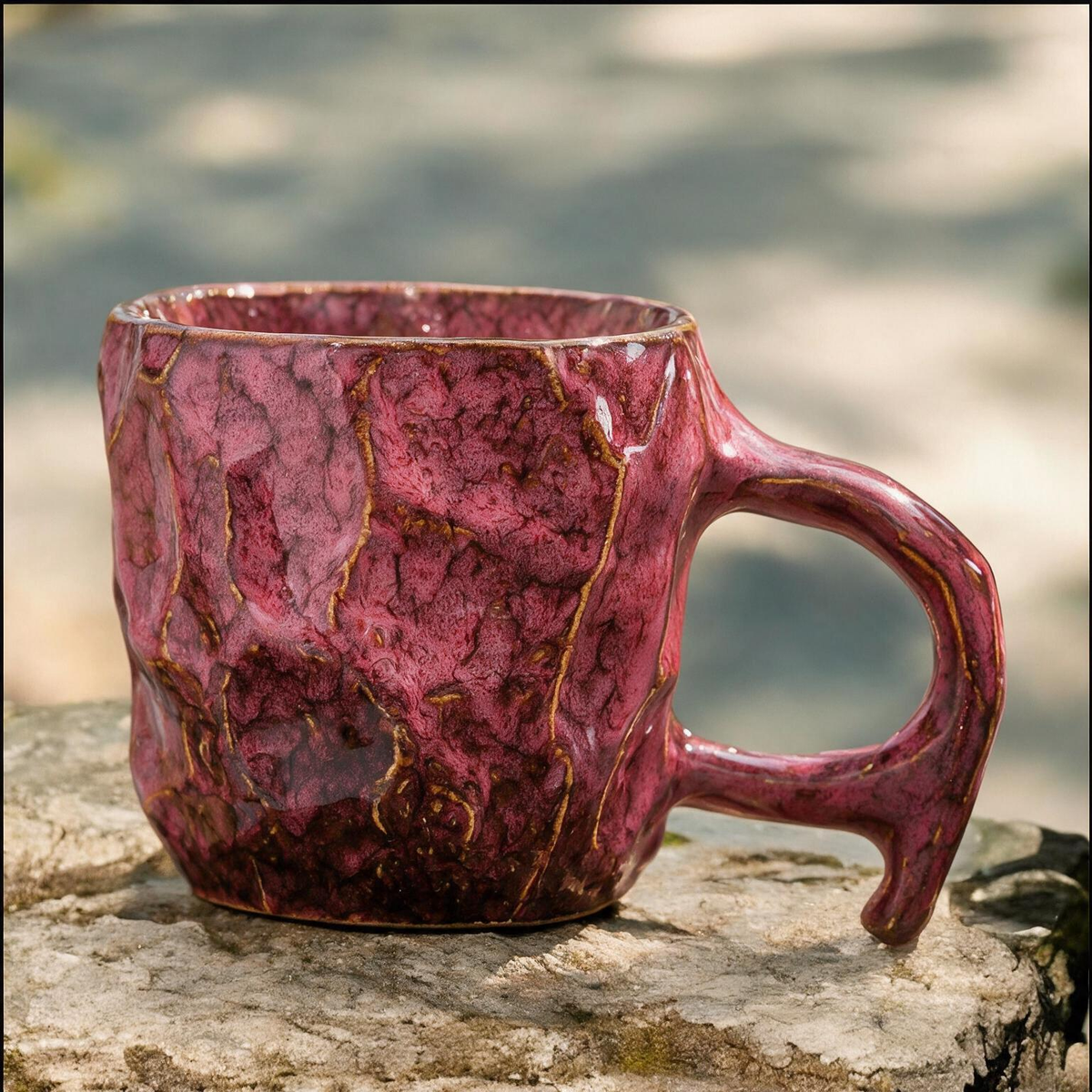 Artisanal Handcrafted Ceramic Coffee Mug – 9 oz Rustic Rose Red Reactive Glaze Stoneware Cup with Sculpted Rock Texture – Unique Pottery Tea Cup for Home & Office