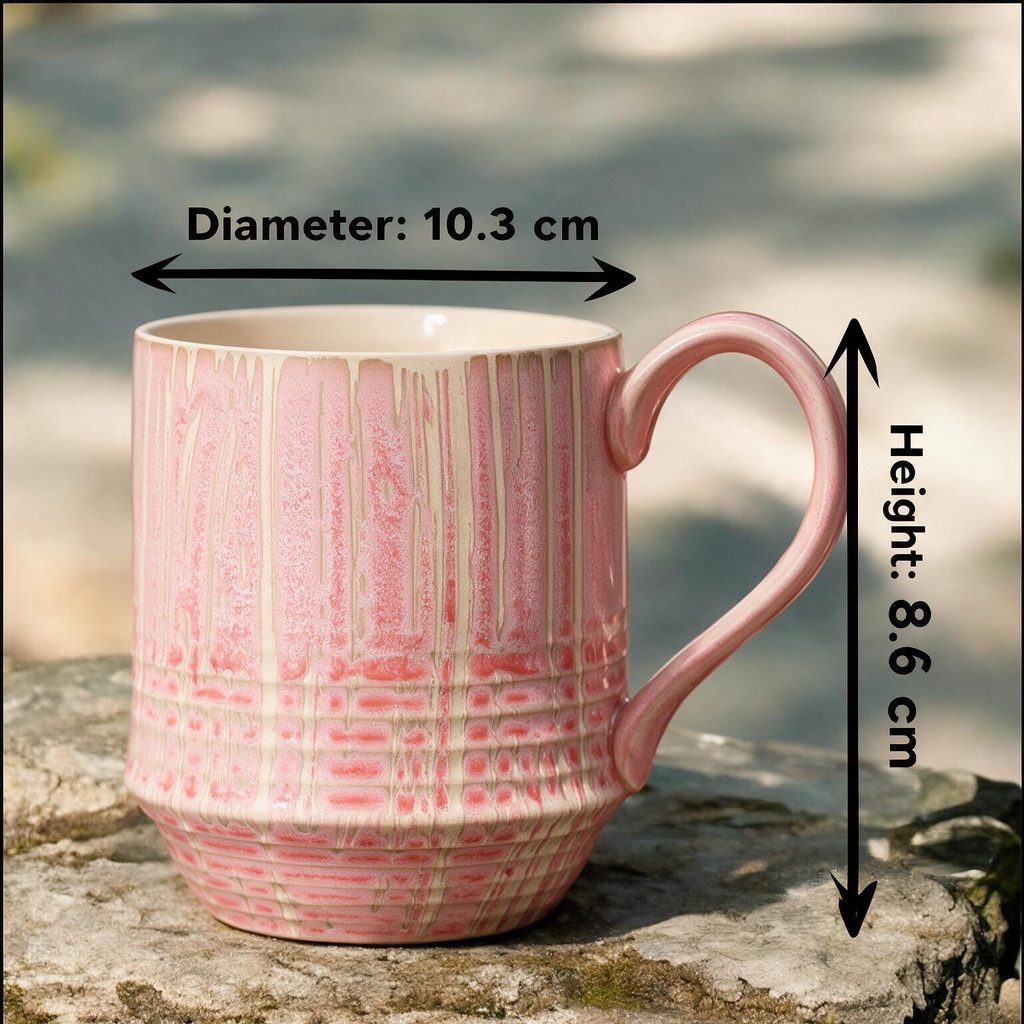 Artisanal Handcrafted Ceramic Coffee Mug – 8 oz Rustic Pink & Cream Vertical Drip Glaze Stoneware Cup with Woven Texture – Unique Pottery Tea Cup for Home & Office