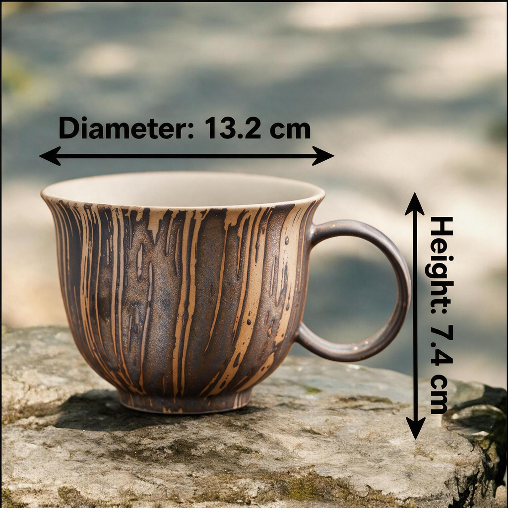 Artisanal Handcrafted Ceramic Coffee Mug – 9.5 oz Rustic Brown & Beige Vertical Drip Glaze Stoneware Cup with Ring Handle – Unique Pottery Tea Cup for Home & Office