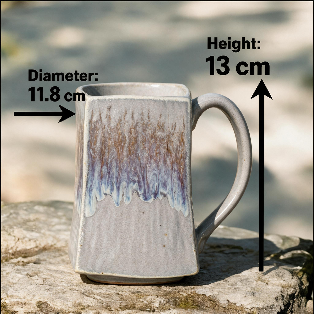 Artisanal Handcrafted Ceramic Coffee Mug – 17 oz Rustic Grey Drip Glaze Stoneware Cup with Vertical Texture – Large Square Pottery Tea Cup for Home & Office