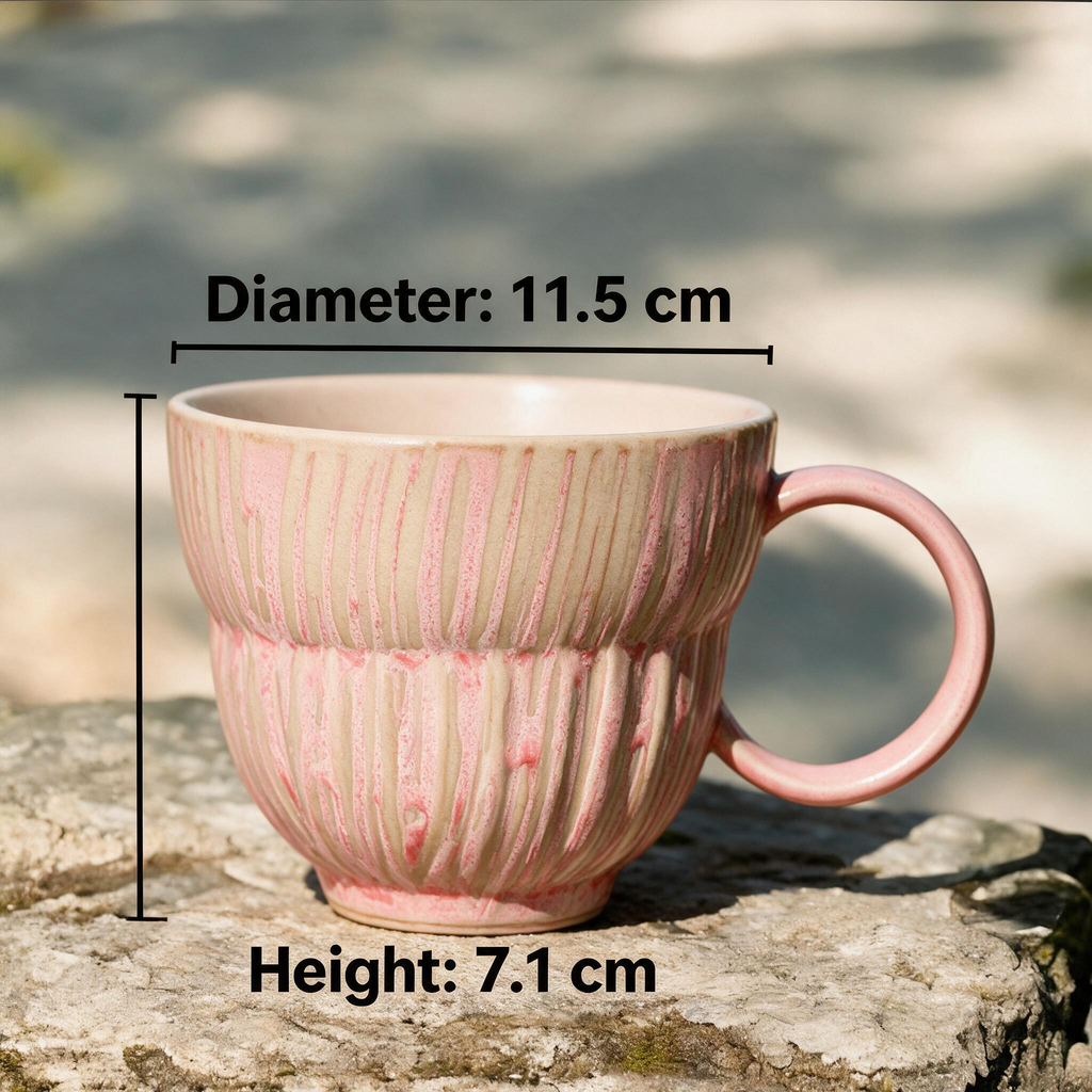 Artisanal Handcrafted Ceramic Coffee Mug – 6.5 oz Rustic Pink & Beige Vertical Drip Glaze Stoneware Cup with Ribbed Texture & Ring Handle – Unique Pottery Tea Cup for Home & Office