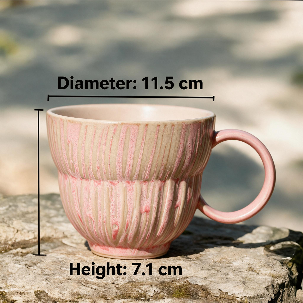 Artisanal Handcrafted Ceramic Coffee Mug – 6.5 oz Rustic Pink & Beige Vertical Drip Glaze Stoneware Cup with Ribbed Texture & Ring Handle – Unique Pottery Tea Cup for Home & Office