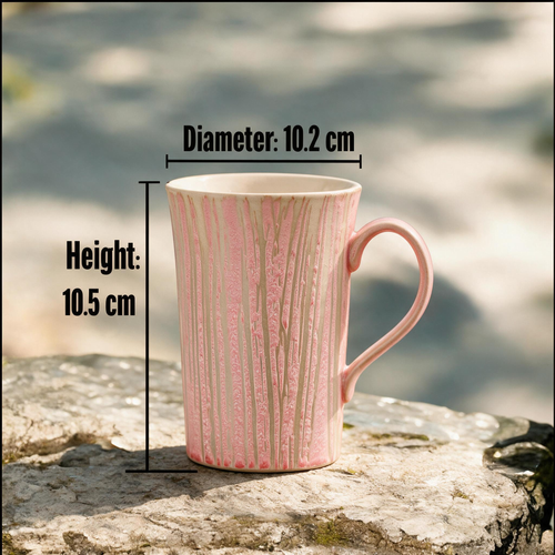 Artisanal Handcrafted Ceramic Coffee Mug – 10 oz Rustic Pink & Cream Vertical Drip Glaze Stoneware Cup with Tall Silhouette – Unique Pottery Tea Cup for Home & Office