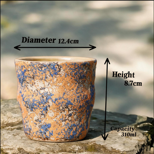 Artisanal Handcrafted Ceramic Coffee Mug – 10.5 oz Rustic Blue & Orange Reactive Glaze Stoneware Cup with Handle – Unique Wabi-Sabi Pottery Tea Cup for Home & Office