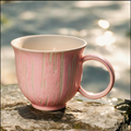 Artisanal Handcrafted Ceramic Coffee Mug – 9.5 oz Rustic Pink & Cream Vertical Drip Glaze Stoneware Cup with Ring Handle – Unique Pottery Tea Cup for Home & Office