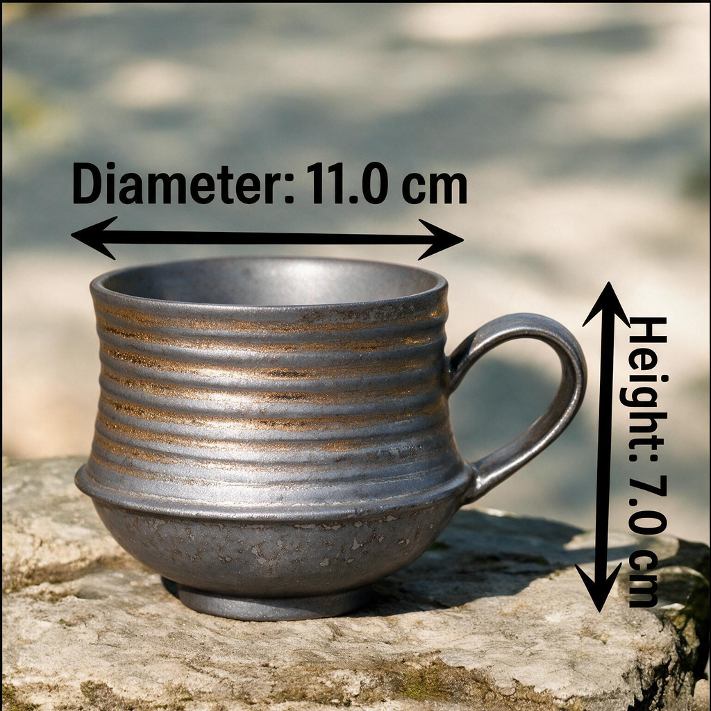 Artisanal Handcrafted Ceramic Coffee Mug – 7.5 oz Rustic Grey & Gold Stoneware Cup with Ribbed Texture & Speckled Glaze – Unique Pottery Tea Cup for Home & Office