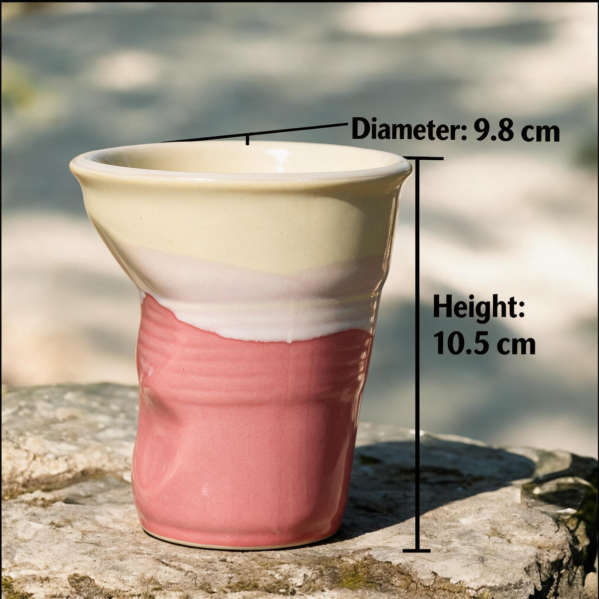 Artisanal Handcrafted Ceramic Coffee Cup – 11 oz Pink & Cream Landscape Stoneware Tumbler with Origami Fold Texture – Unique Pottery Tea Cup for Home & Office