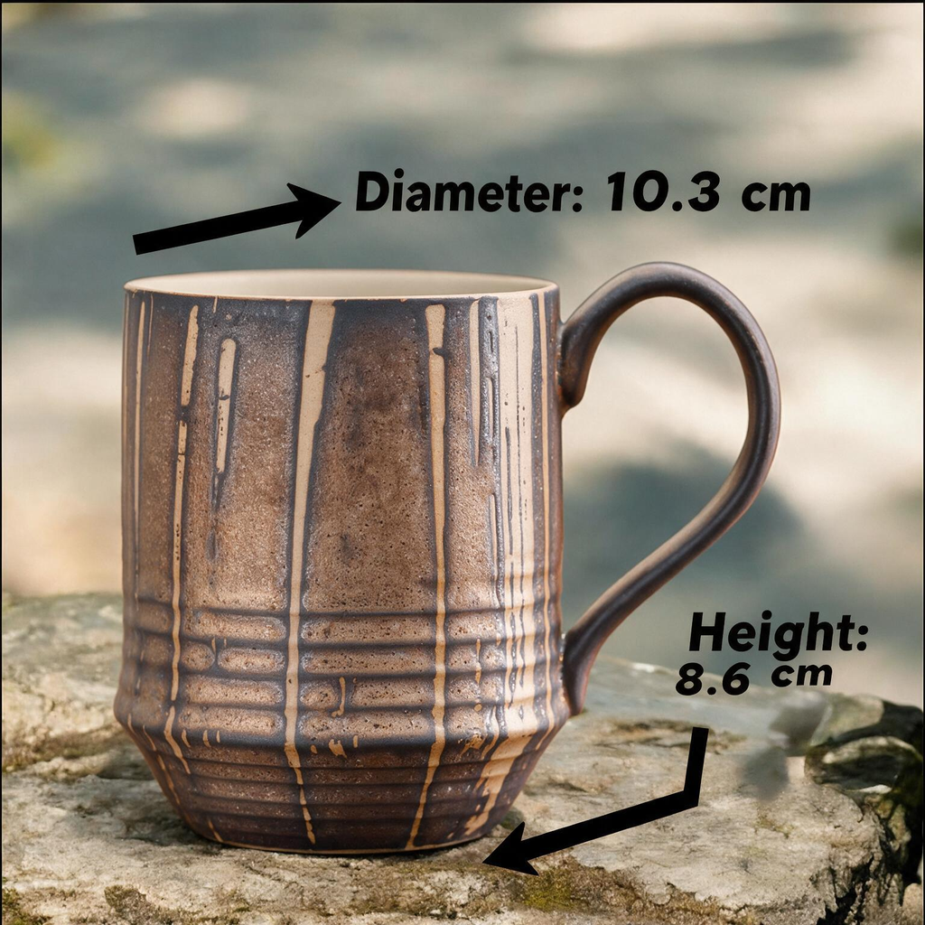 Artisanal Handcrafted Ceramic Coffee Mug – 8 oz Rustic Brown & Beige Vertical Drip Glaze Stoneware Cup with Woven Texture – Unique Pottery Tea Cup for Home & Office