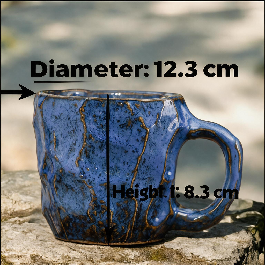 Artisanal Handcrafted Ceramic Coffee Mug – 9 oz Rustic Blue Reactive Glaze Stoneware Cup with Sculpted Rock Texture – Unique Pottery Tea Cup for Home & Office