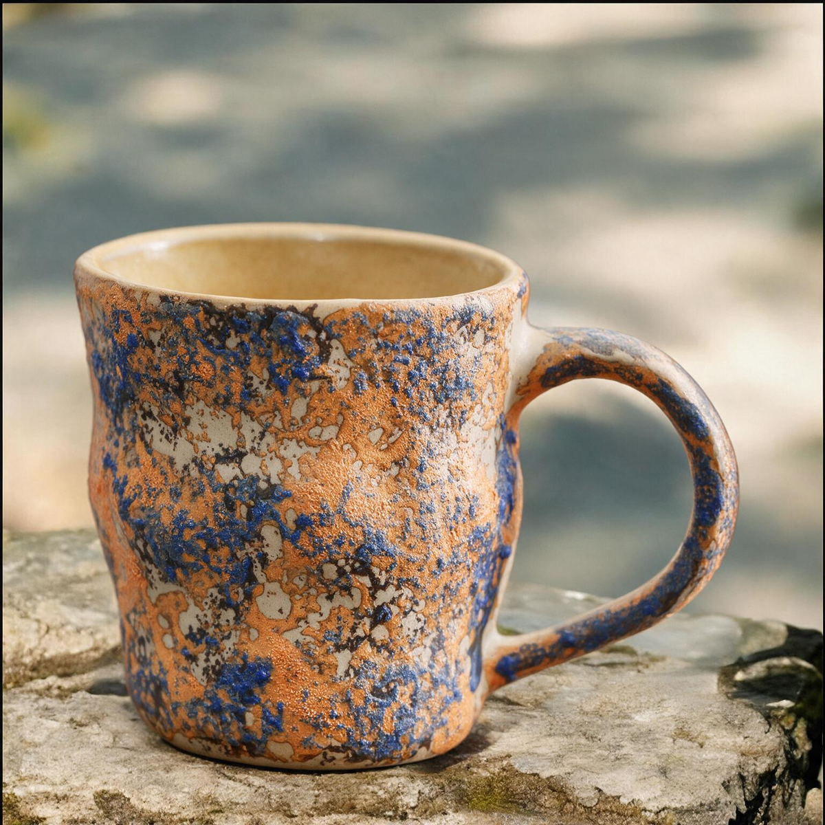 Artisanal Handcrafted Ceramic Coffee Mug – 10.5 oz Rustic Blue & Orange Reactive Glaze Stoneware Cup with Handle – Unique Wabi-Sabi Pottery Tea Cup for Home & Office