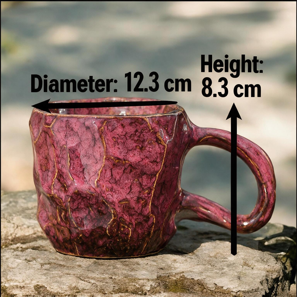 Artisanal Handcrafted Ceramic Coffee Mug – 9 oz Rustic Rose Red Reactive Glaze Stoneware Cup with Sculpted Rock Texture – Unique Pottery Tea Cup for Home & Office