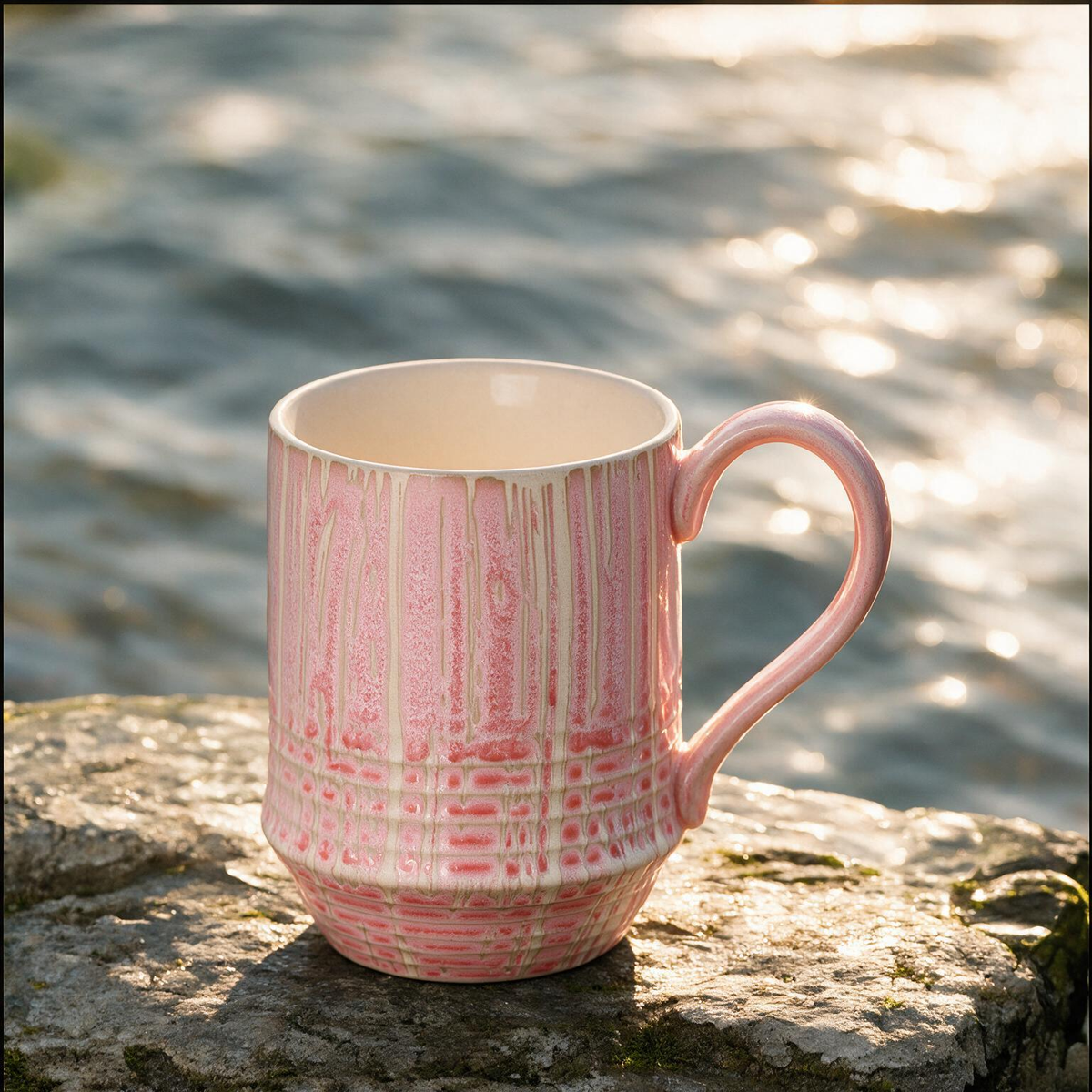 Artisanal Handcrafted Ceramic Coffee Mug – 8 oz Rustic Pink & Cream Vertical Drip Glaze Stoneware Cup with Woven Texture – Unique Pottery Tea Cup for Home & Office