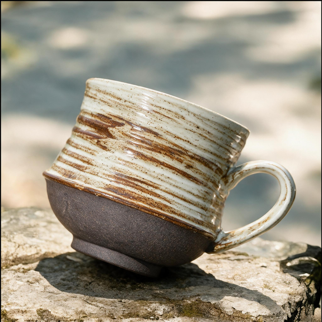 Artisanal Handcrafted Ceramic Coffee Mug – 7.5 oz Rustic Two-Tone Stoneware Cup with Ribbed Texture & Speckled Glaze – Unique Pottery Tea Cup for Home & Office