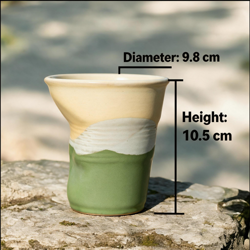 Artisanal Handcrafted Ceramic Coffee Cup – 11 oz Green & Yellow Landscape Stoneware Tumbler with Origami Fold Texture – Unique Pottery Tea Cup for Home & Office